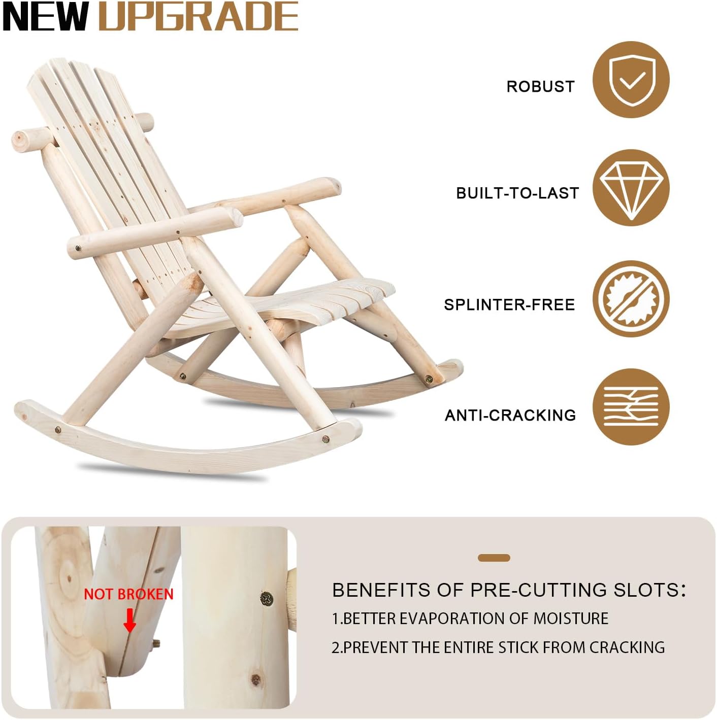 Outvita Wooden Rocking Chair Set of 2, Fir Log Adirondack Rocker, Outdoor Wood Accent Furniture Lounge Chairs for Garden Patio Backyard Porch (Natural Finish)