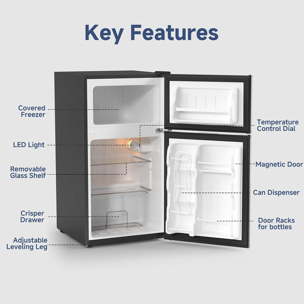 BANGSON 3.2 CU.FT Mini Fridge with Freezer Bedroom, 2 Door Office Small Refrigerator, Quiet Compact Fridge for Home, Dorm, Apartment, Garage, RV, Adjustable Thermostat, Low Noise, Black, Silver