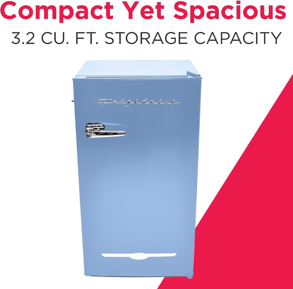 Frigidaire Retro Compact Fridge with Chiller, 3.2 cu ft Countertop Fridge with Built-In Bottle Opener, Compact Refrigerator for Office, Bedroom, Dorm Room or Cabin - 16.5' D x 19' W x 31' H (Blue)