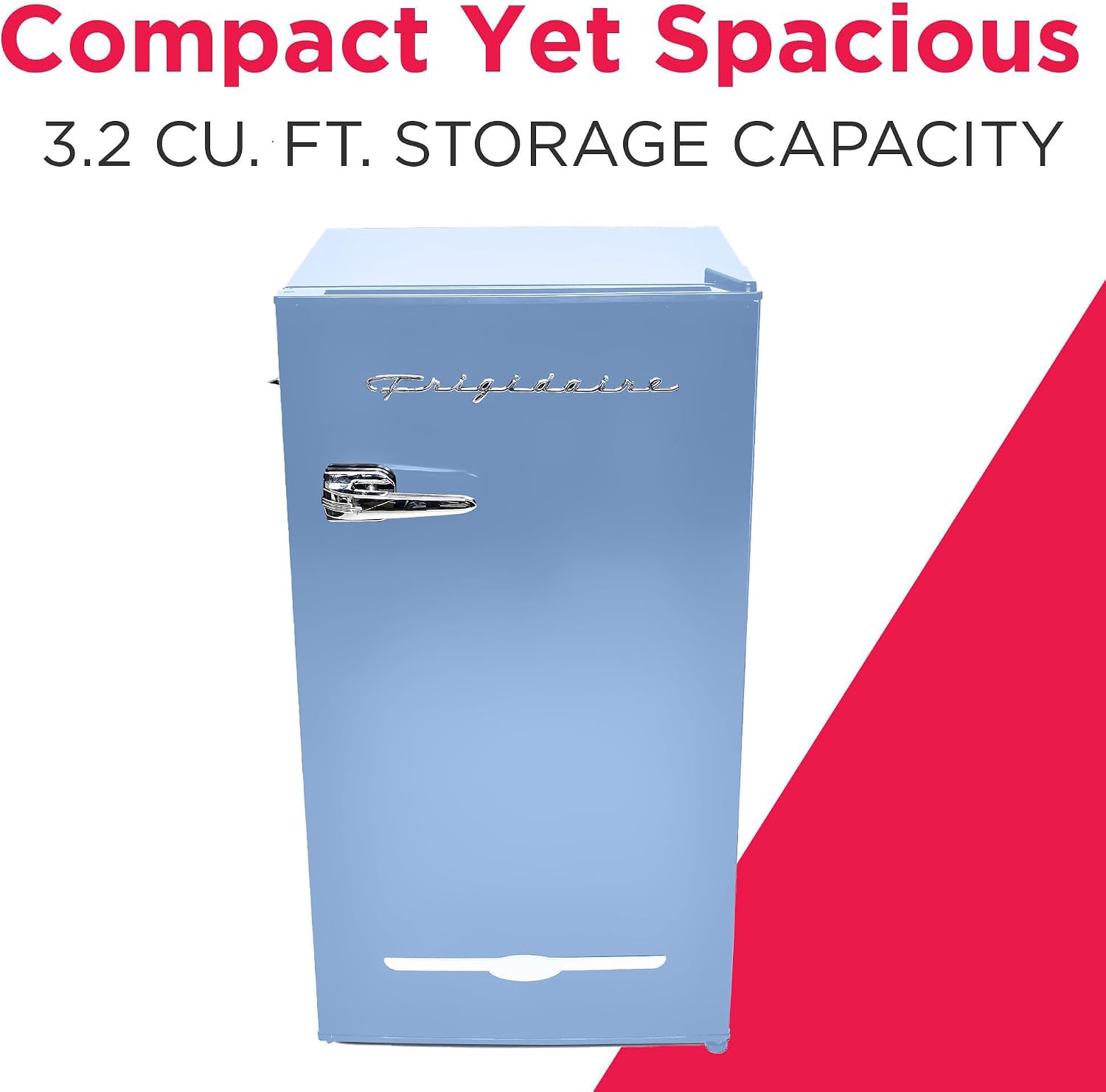 Frigidaire Retro Compact Fridge with Chiller, 3.2 cu ft Countertop Fridge with Built-In Bottle Opener, Compact Refrigerator for Office, Bedroom, Dorm Room or Cabin - 16.5' D x 19' W x 31' H (Blue)