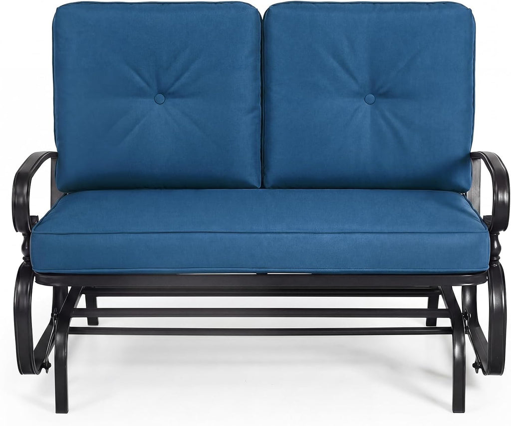 Giantex Outdoor Glider Bench, Patio 2 Person Loveseat with Removable Cushion, Thick Padded Seat, Stable Steel Frame, Outside Glider Swing Chair for Deck, Poolside, Yard, Porch Glider (Blue)