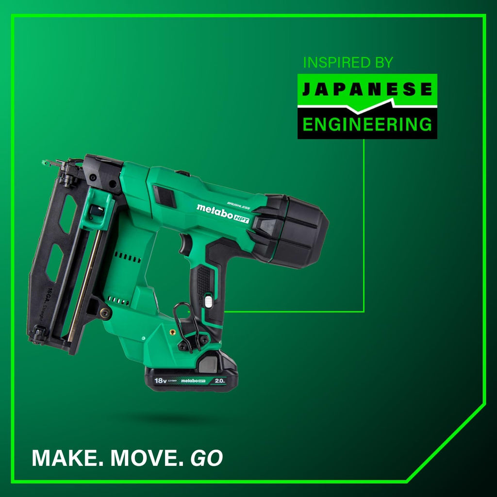 Metabo HPT 18V MultiVolt Brushless Pro 16-GA Straight Finish Nailer Kit, 16 Gauge Finish Nailer, Power Tool with 2.0Ah Lithium Ion Battery, 1' to 2-1/2' Nails, Powerful Brushless Motor, NT1865DSA