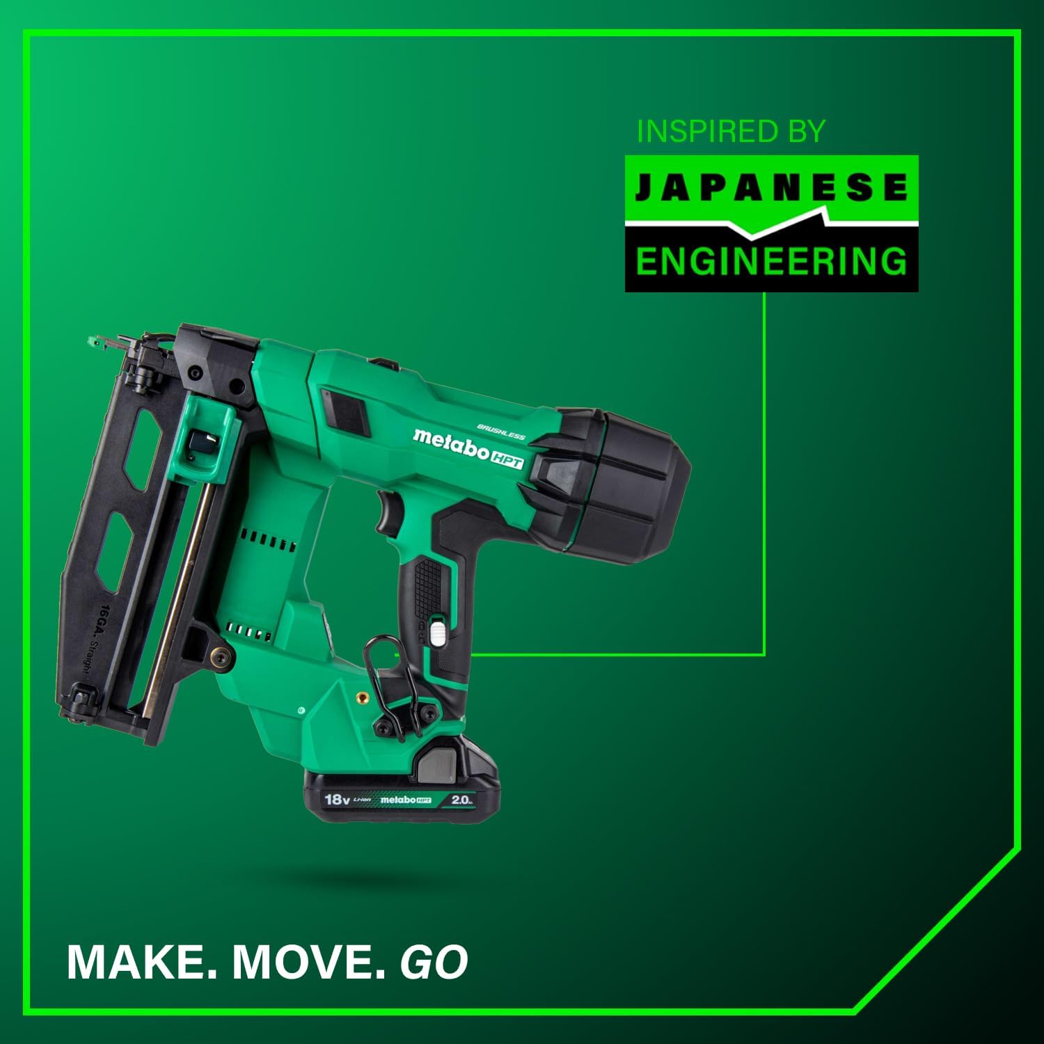 Metabo HPT 18V MultiVolt Brushless Pro 16-GA Straight Finish Nailer Kit, 16 Gauge Finish Nailer, Power Tool with 2.0Ah Lithium Ion Battery, 1' to 2-1/2' Nails, Powerful Brushless Motor, NT1865DSA