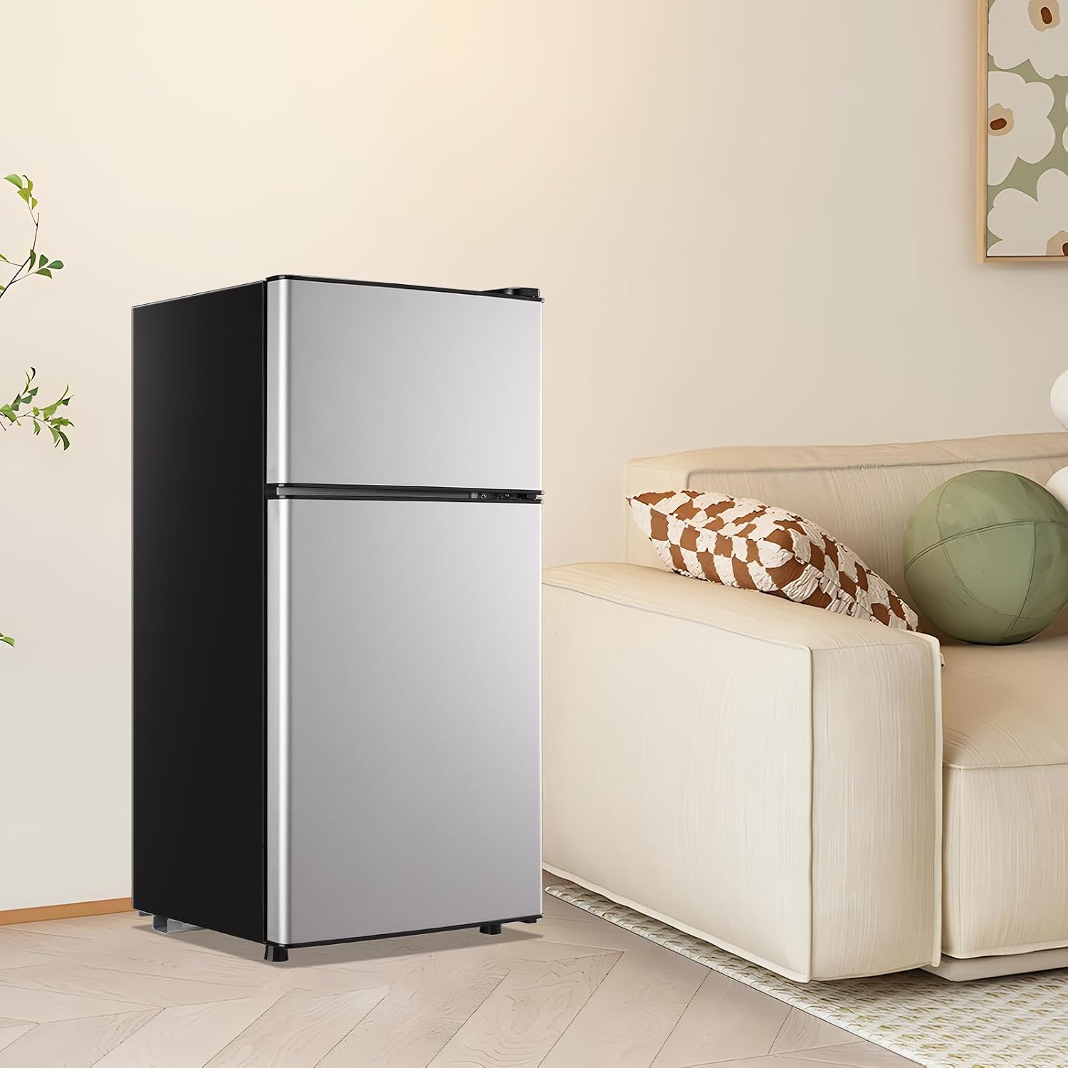DEMULLER 2.4 Cu.ft Mini Fridge with Double Doors Silver Small Refrigerator with Separate Freezer & 7 Adjustable Temperature Control, Tiny Size & Personal Fridge Ideal for Office Apartment Dorm