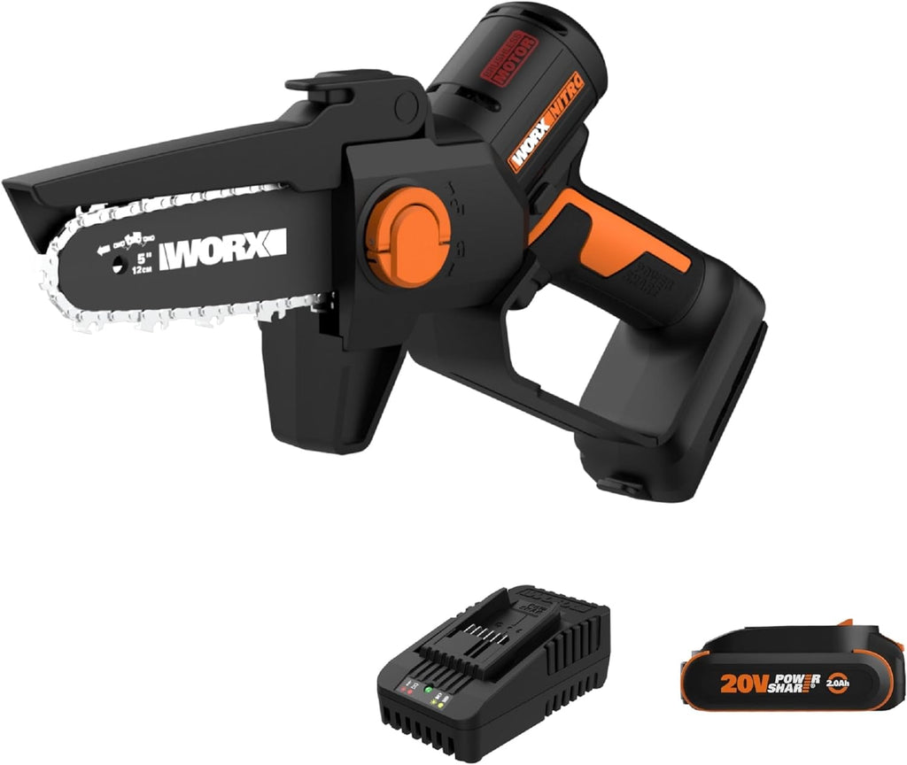 Worx Nitro 20V 5' Cordless Brushless Chainsaw 2.0 Ah Battery and Charger Included WG325