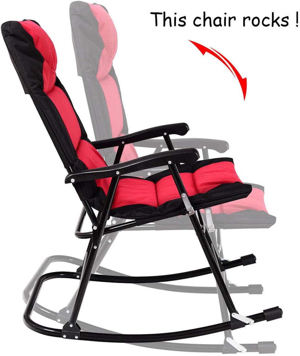 Giantex 3 PCS Folding Bistro Set Outdoor Patio Rocking Chairs Round Table Set 2 Rocking Chairs w/Glass Coffee Table for Yard, Patio, Deck, Backyard Padded Seat (Red & Black)