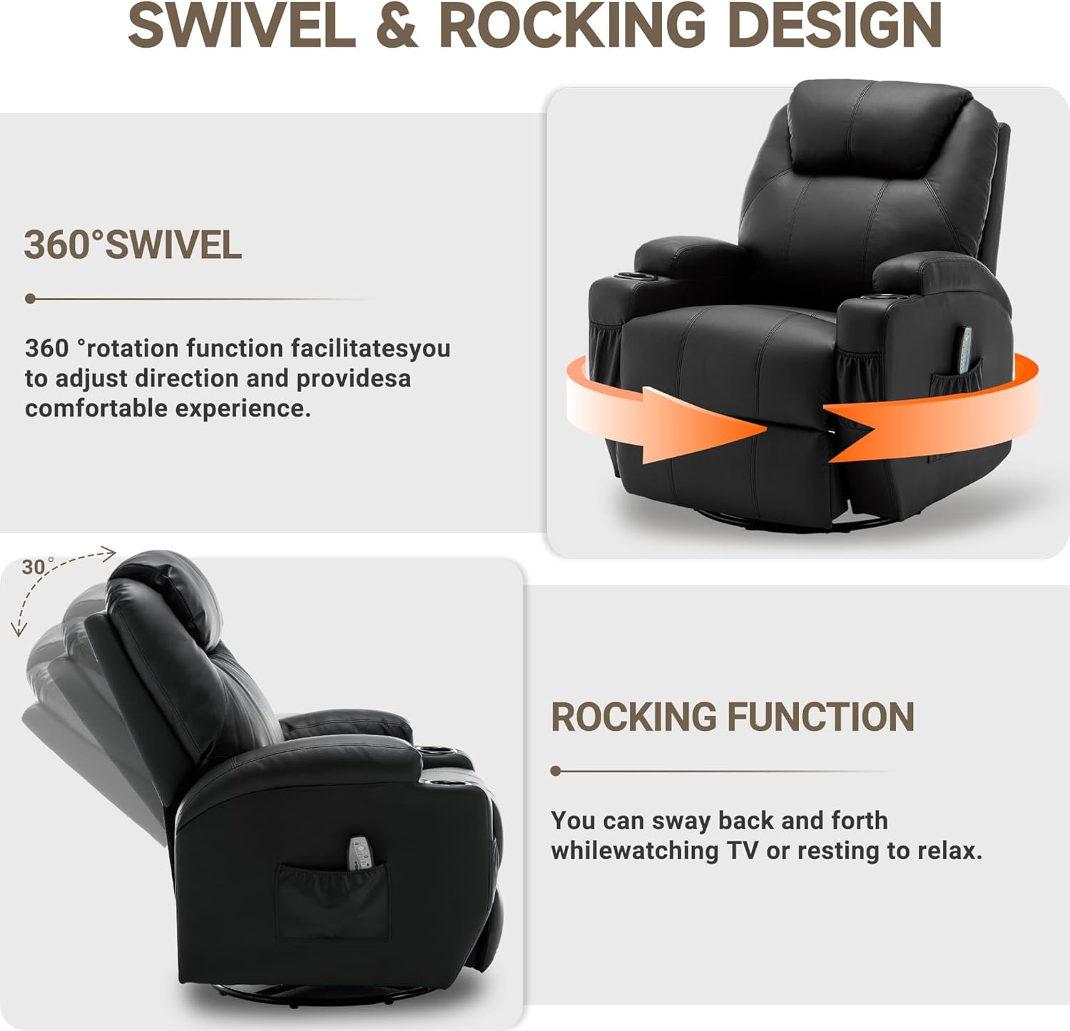 Korser Recliner Chair, Rocking Chair with Massage and Heat, 360° Swivel Recliner Chairs for Adults, Rocker Manual Recliner with Remote Control and Cup Holder for Living Room, Bedroom, Nursery