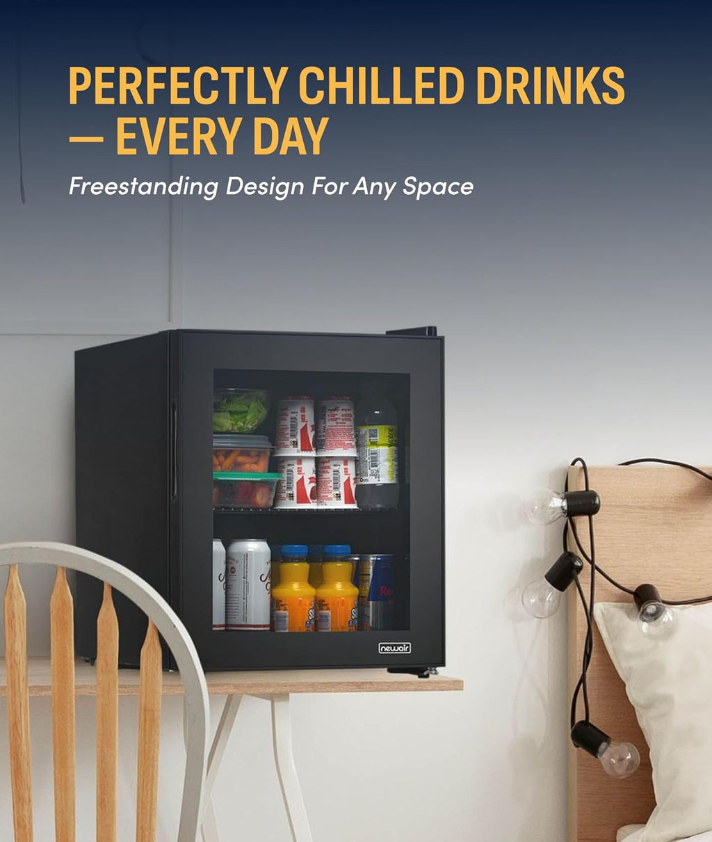 NewAir 60 Can Beverage Refrigerator | Compact Freestanding Mini Fridge for Bedroom, Dorm, Office or Gaming Room | Glass Door, Adjustable Shelf & Quiet Cooling | Black
