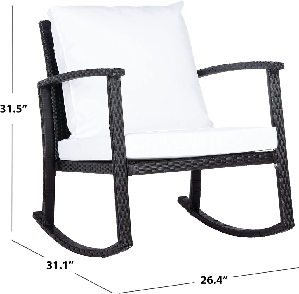 SAFAVIEH Outdoor - Daire Rocking Chair - Black & White - Steel Frame & Faux Rattan with Cushion - Open-Frame Design - Ideal for Patio, Deck, Porch, Backyard, 14.4' Seat Height (PAT7721A)