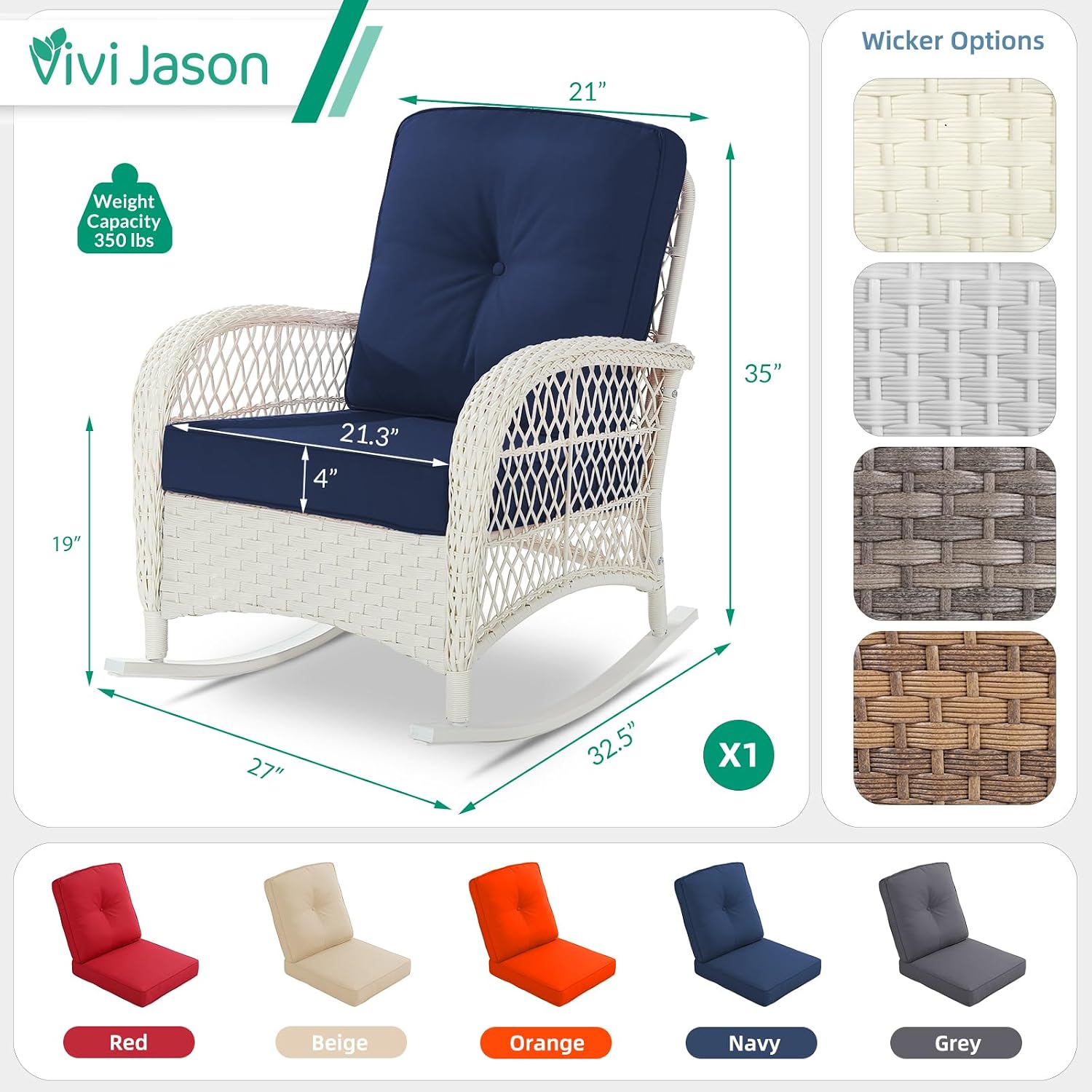 VIVIJASON Outdoor Wicker Rocking Chair, Patio Rattan Rocker Chair with Cushions & Steel Frame, All-Weather Rocking Lawn Furniture for Garden Backyard Porch, Cream White/Navy Blue