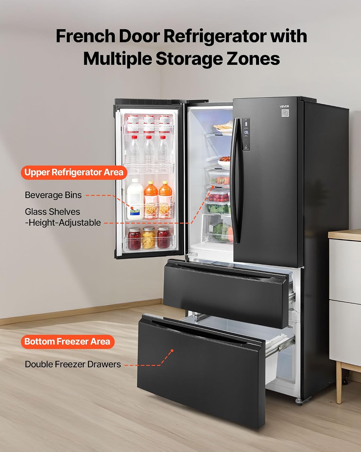 VEVOR French Door Refrigerator, 18.9 Cu. Ft. Kitchen Fridge, Counter Depth French Refrigerator with LED Display and 4 Casters, Frost-Free Bottom Freezer Refrigerators for Home & Commercial Use, Black