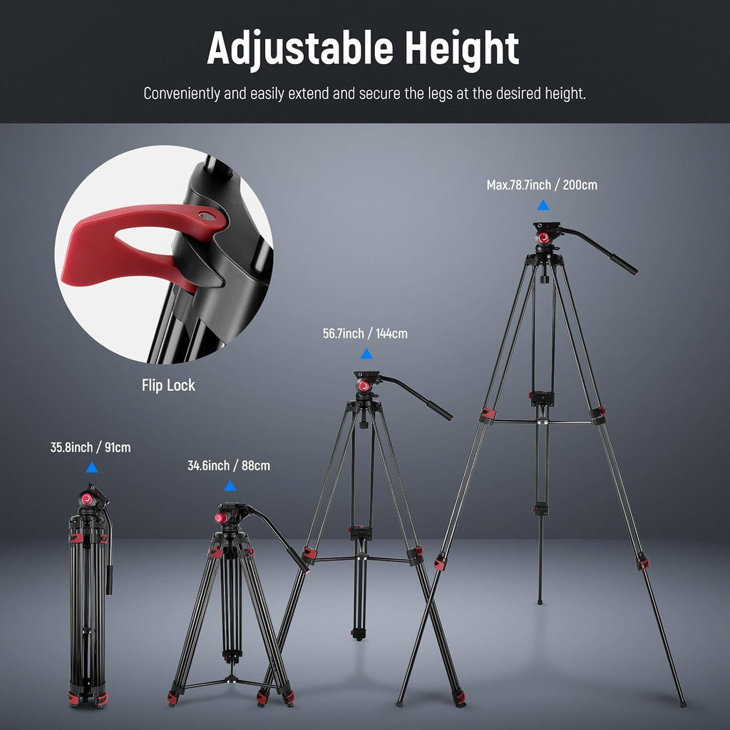 NEEWER 79'/200cm Video Tripod, Heavy Duty Aluminum Alloy Camera Tripod Stand with 360° Fluid Drag Head, QR Plate Compatible with Canon Nikon Sony and Other DSLR Camera Camcorder, Load Up to 17.6lb/8kg