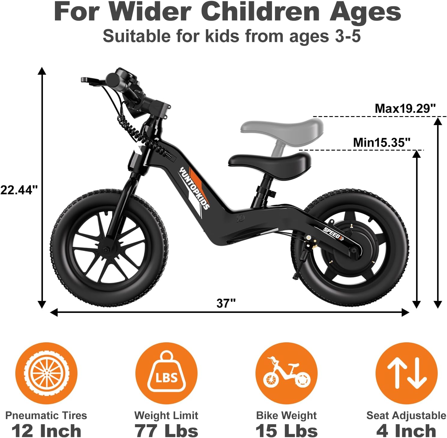 YunTopKids Electric Balance Bike for Kids Ages 3-5, 12 Inch Tires,Safe Start,3 Speeds up to 9.3 MPH,LCD,180W 24V Kids Electric Bike with Adjustable Seat,Fast Charger,LED Light