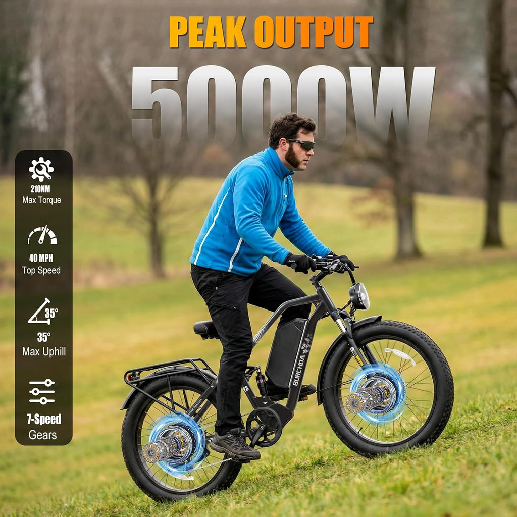 DAMSON Electric Bike for Adults Dual Motor AWD 5000W/3000W/1500W Peak 40MPH/30MPH Dirt Ebike, 52V/48V Max-Output Up to 65/80/120/160 Miles Long Range, 26' Full Suspension Fat Tire Mountains Bicycle