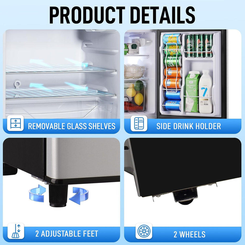 WANAI Mini Fridge with Freezer, 3.5 cubic feet 2- Doors Small Refrigerator Features 7 Gear Mechanical Control, Side Bottle Rack, Ideal for Dorm, Kitchen, Apartment, Office, Silver