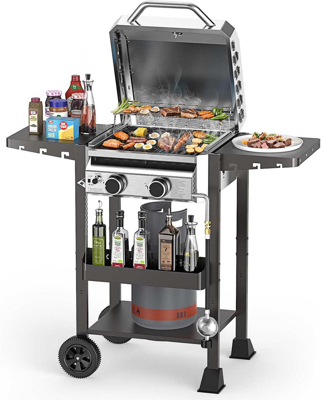 2-Burner Stainless Steel Propane Gas Grill, 16,000 BTU Patio Garden Barbecue Grill with Foldable Shelves, Grates and Griddle Pan for Outdoor Patio Garden Cooking and BBQ