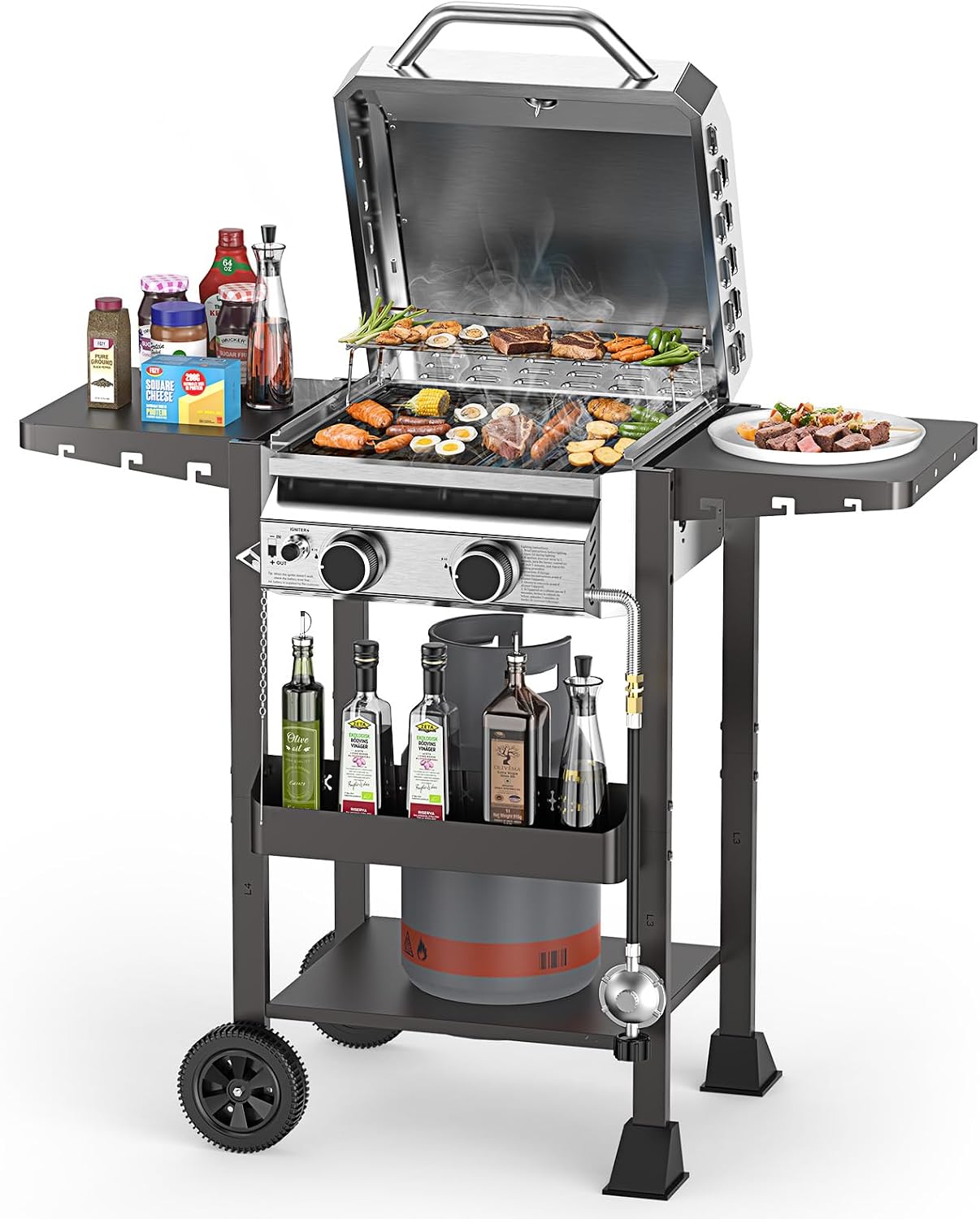 2-Burner Stainless Steel Propane Gas Grill, 16,000 BTU Patio Garden Barbecue Grill with Foldable Shelves, Grates and Griddle Pan for Outdoor Patio Garden Cooking and BBQ