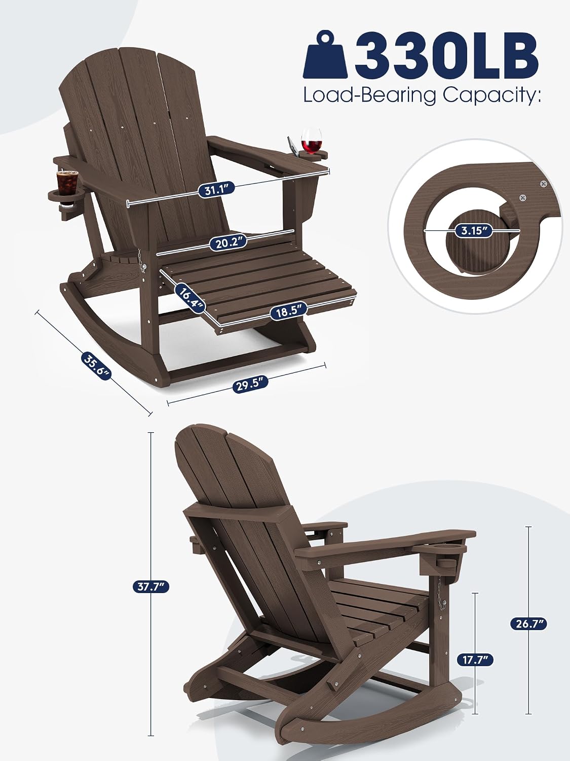 KINGYES Adirondack Rocking Chair Set of 2 with Retractable Ottoman and Cup Holders, HDPE Adirondack Rocker Patio Rocking Chair for Porch, Patio, Balcony, Coffee Brown