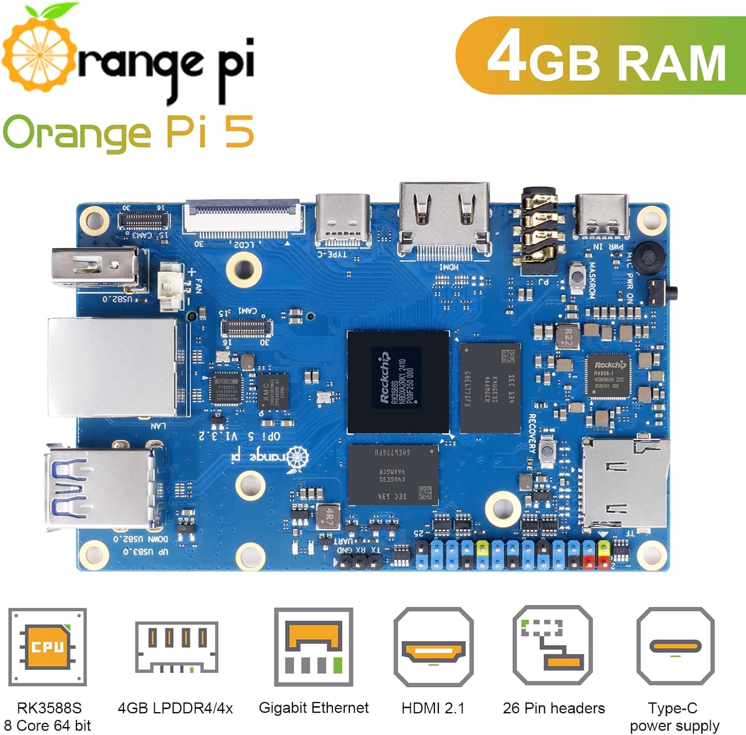 Orange Pi 5 4GB Rockchip RK3588S 8 Core 64 Bit Single Board Computer, 2.4GHz Frequency Open Source Development Board Mini PC Desktop Run Orange Pi OS, Android12, Debian11 (Pi 5 4GB)