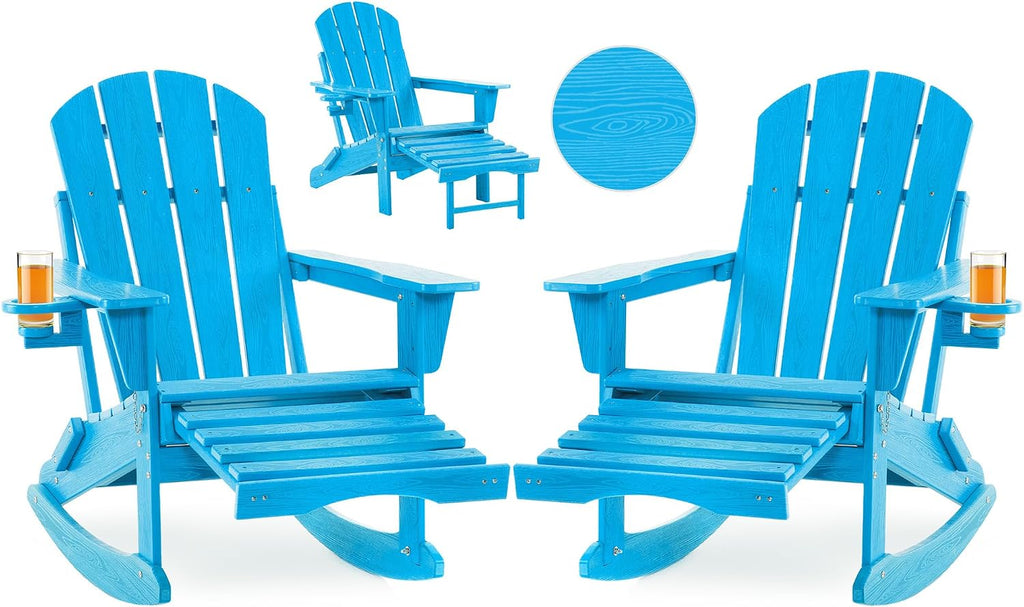 Folding Adirondack Rocking Chair Set of 2,4-in-1 Multifunctional Patio Chairs with Retractable Ottoman, Outdoor Chairs Wood Texture, Lawn Chair for Porch, Backyard, Pool(Pacific Blue)