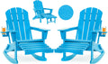 Folding Adirondack Rocking Chair Set of 2,4-in-1 Multifunctional Patio Chairs with Retractable Ottoman, Outdoor Chairs Wood Texture, Lawn Chair for Porch, Backyard, Pool(Pacific Blue)