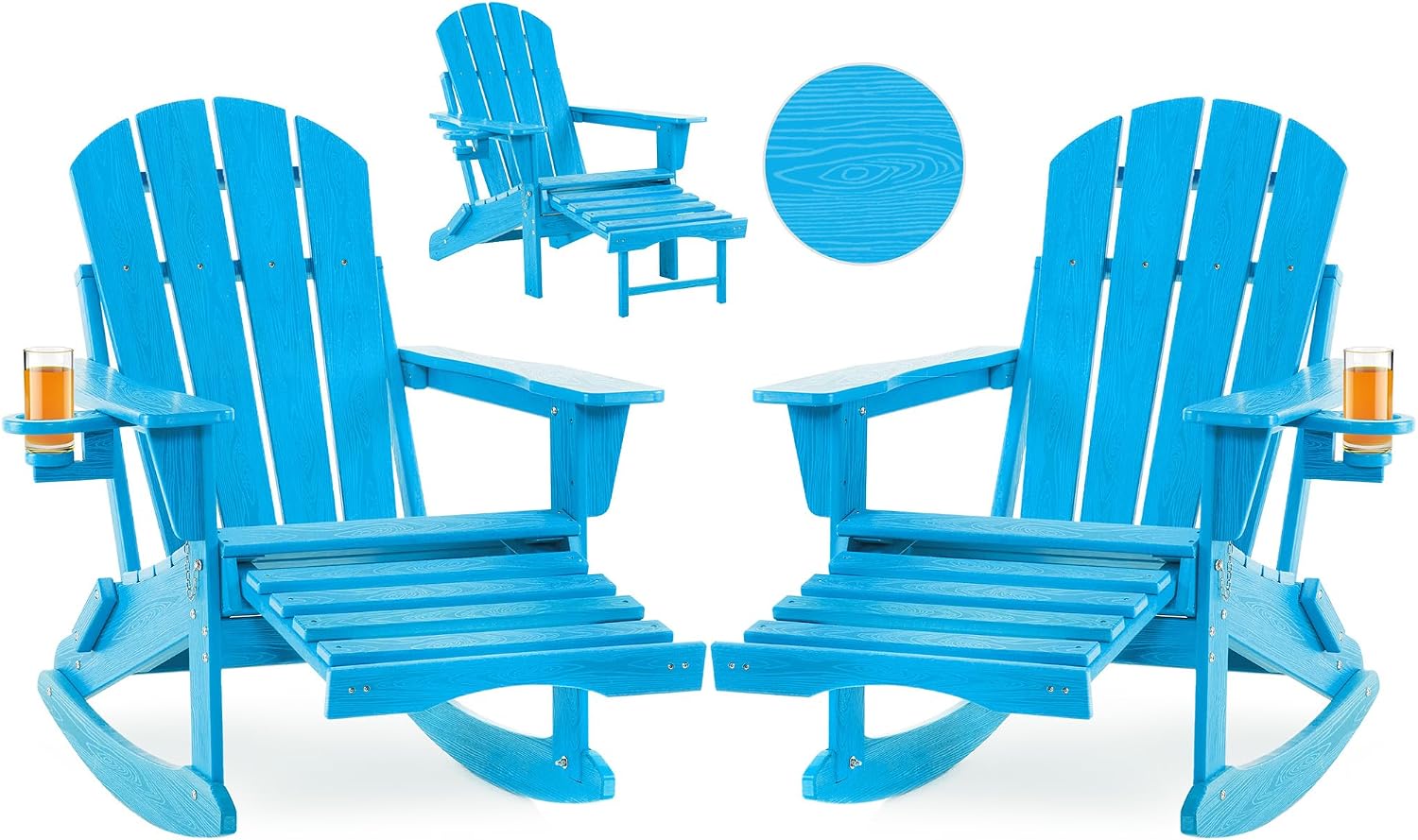 Folding Adirondack Rocking Chair Set of 2,4-in-1 Multifunctional Patio Chairs with Retractable Ottoman, Outdoor Chairs Wood Texture, Lawn Chair for Porch, Backyard, Pool(Pacific Blue)