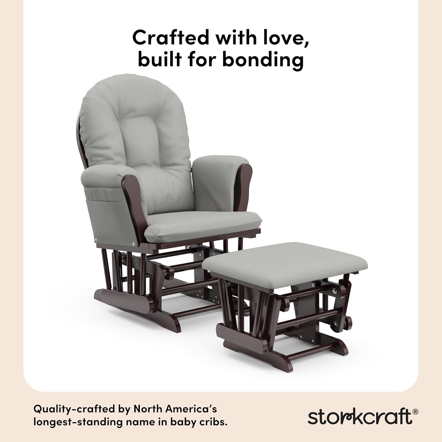 Storkcraft Premium Hoop Glider & Ottoman (Espresso/Light Gray) — GREENGUARD Gold Certified Nursery Glider, Solid Wood Craftsmanship, Smooth-Gliding Nursery Chair and Ottoman, Award-Winning