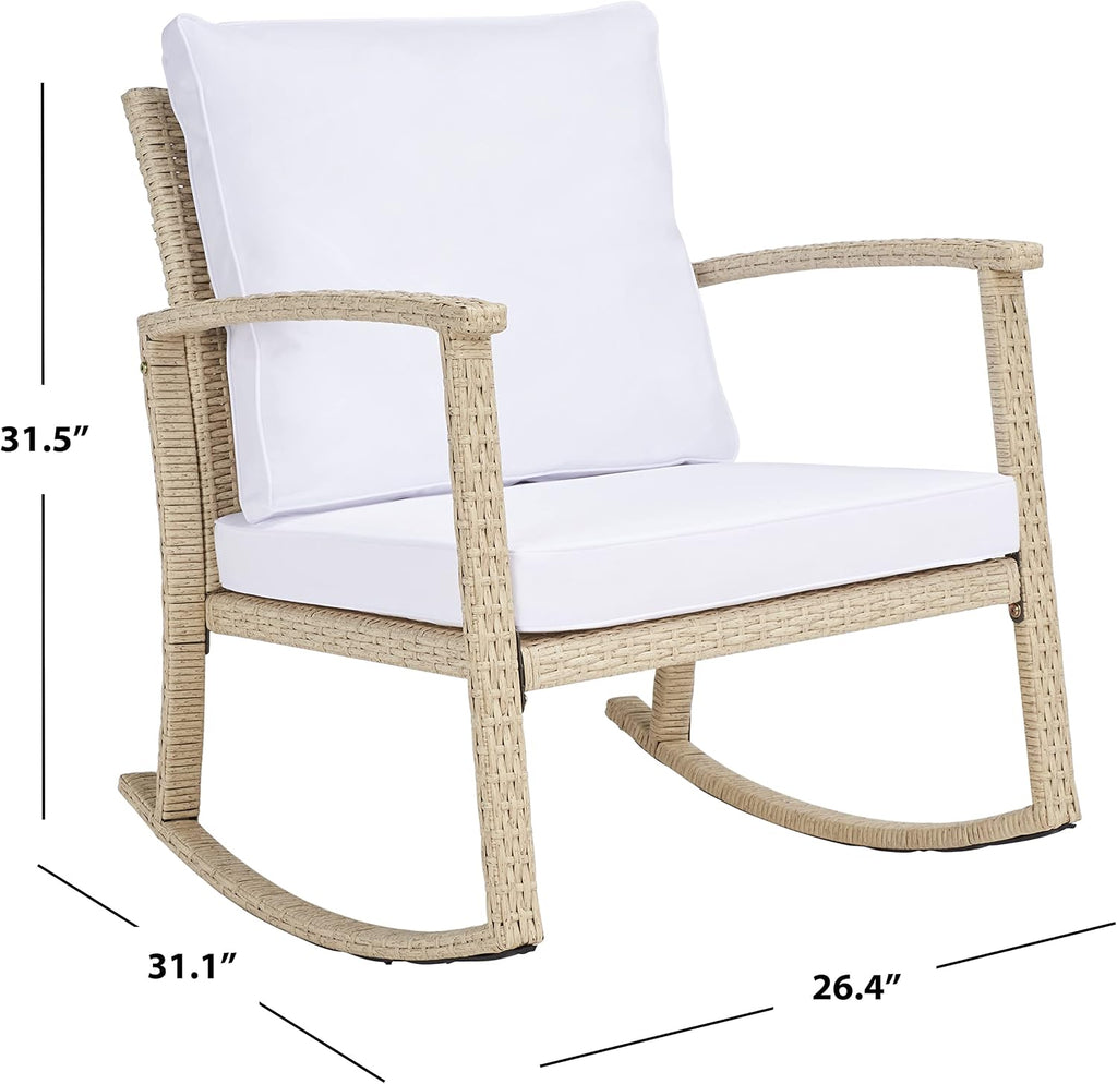 SAFAVIEH Outdoor - Daire Rocking Chair - Beige & White - Steel Frame & Faux Rattan with Cushion - Open-Frame Design - Ideal for Patio, Deck, Porch, Backyard, 14.4' Seat Height (PAT7721B)