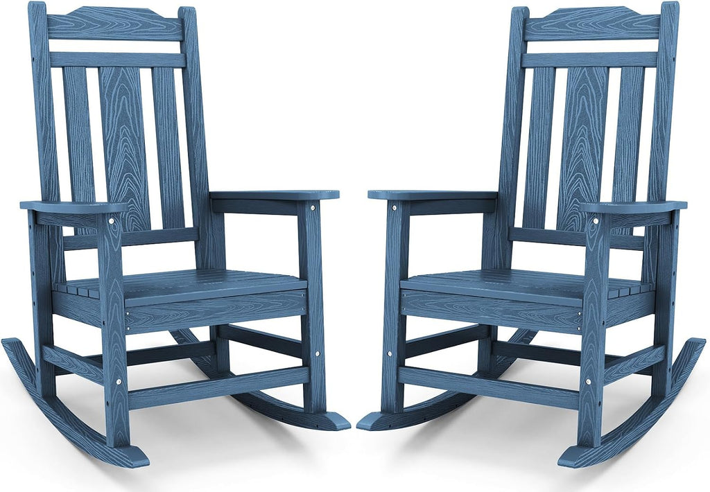 SERWALL Blue Outdoor Rocking Chair Set of 2, All Weather Patio Rocking Chair, HDPE Poly Rocking Chair for Adults, Heavy Duty Front Porch Rocker