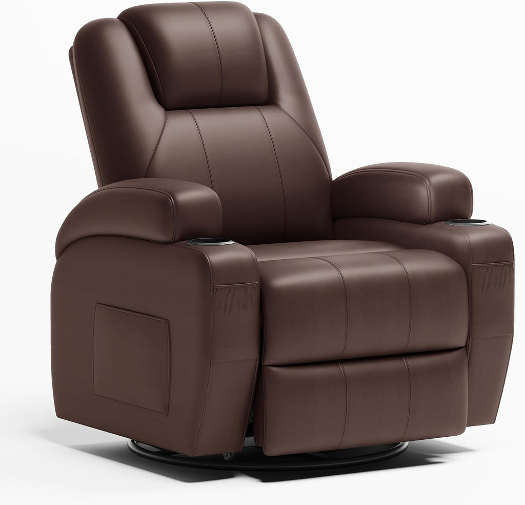 Flamaker Swivel Rocker Recliner Chair with Vibration Massage, 360° Swivel Recliner Chairs for Adults Ergonomic Lounge Chair with Cup Holders Lazy Boy Recliner Single Sofa Seat (Leather, Brown)