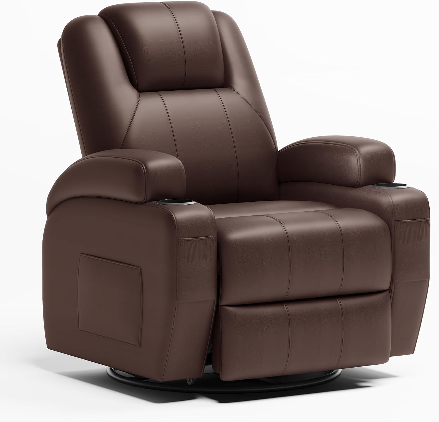 Flamaker Swivel Rocker Recliner Chair with Vibration Massage, 360° Swivel Recliner Chairs for Adults Ergonomic Lounge Chair with Cup Holders Lazy Boy Recliner Single Sofa Seat (Leather, Brown)