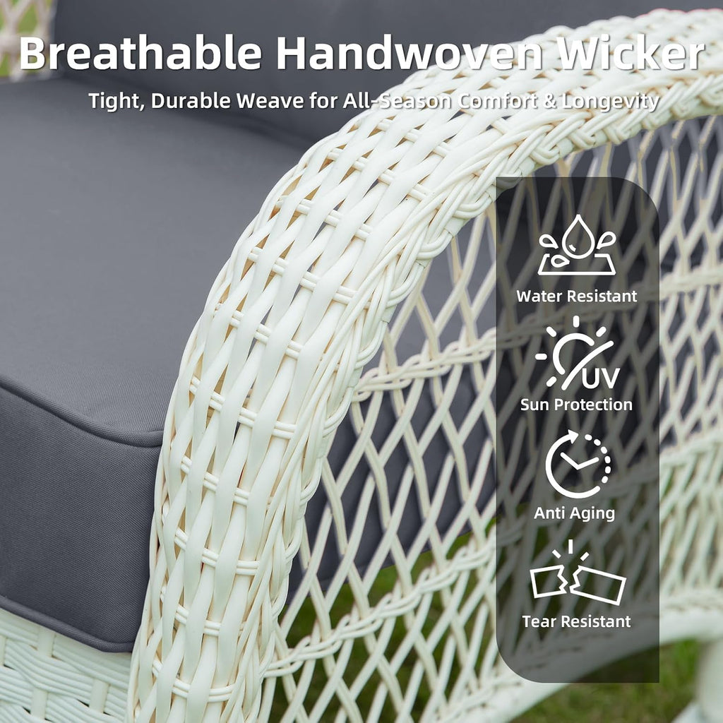 VIVIJASON Outdoor Wicker Rocking Chair, Patio Rattan Rocker Chair with Cushions & Steel Frame, All-Weather Rocking Lawn Furniture for Garden Backyard Porch, Cream White/Grey