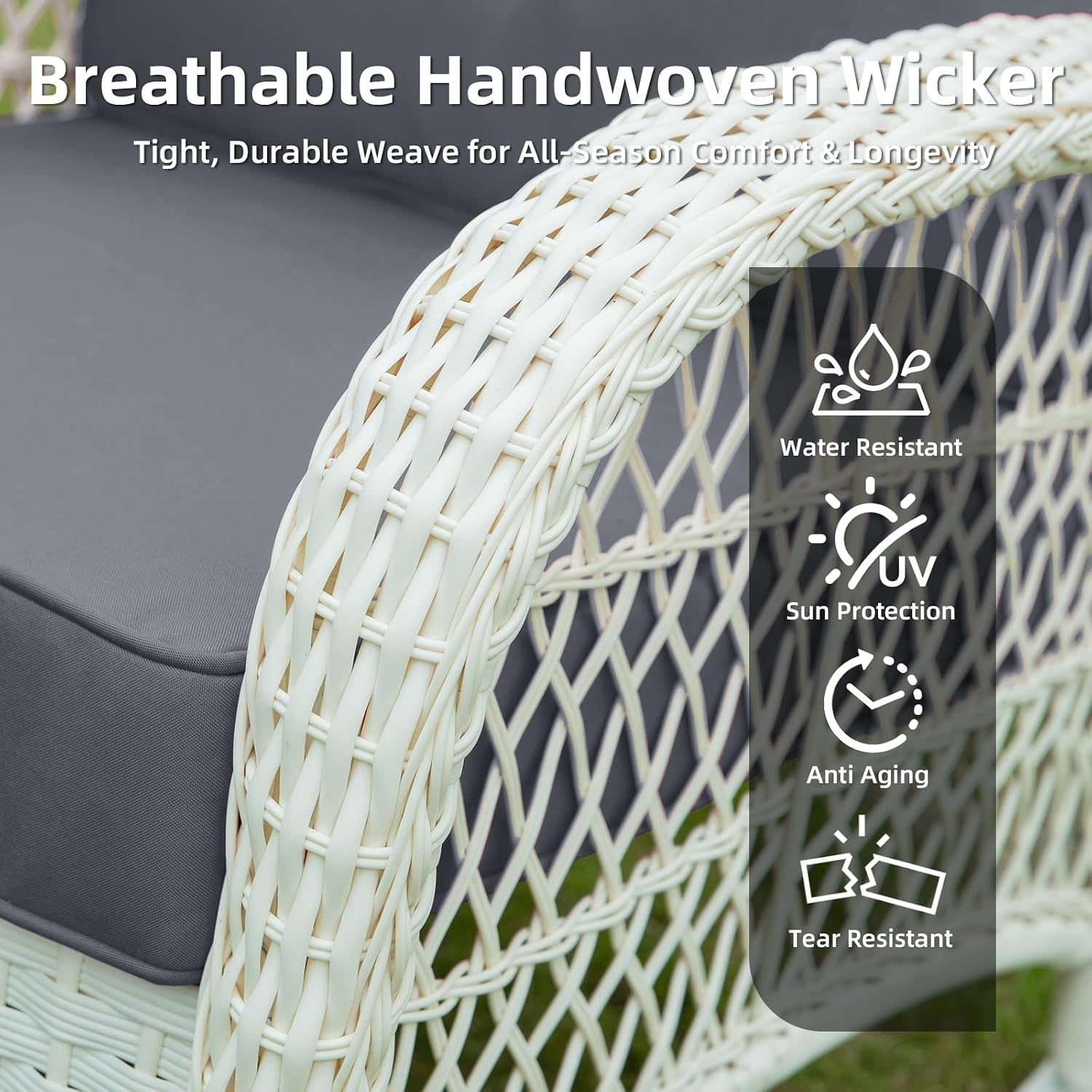VIVIJASON Outdoor Wicker Rocking Chair, Patio Rattan Rocker Chair with Cushions & Steel Frame, All-Weather Rocking Lawn Furniture for Garden Backyard Porch, Cream White/Grey