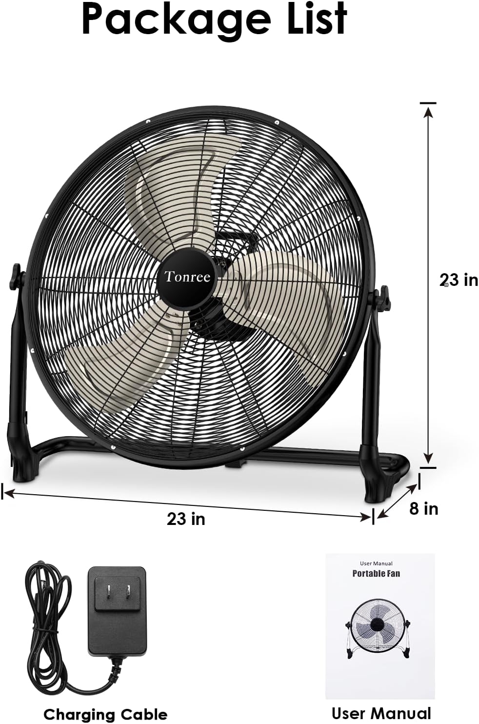 20' Large Battery Fan, Portable Battery Operated Floor Fan, Rechargeable Battery Powered Wireless Camping Fan, Waterproof, Hi-airflow, Cordless, for Home Outdoor Garage Gym Patio Travel RV