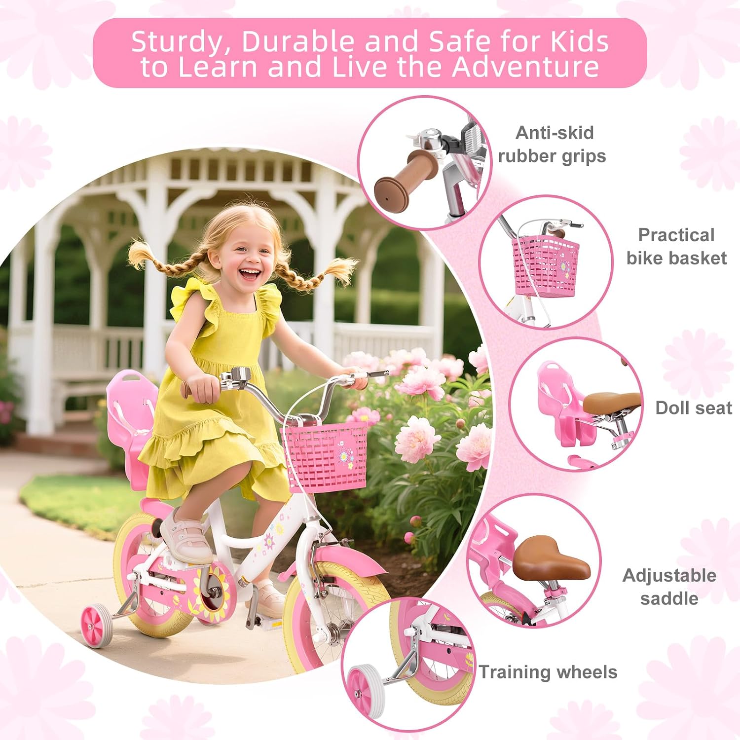 Glaf Toddler Girls Bike for Age 2-9 Years 12 14 16 Inch Girls Bike with Training Wheels and Doll Seat Kids Bike Bicycle with Basket,Adjustable Seat,Bell