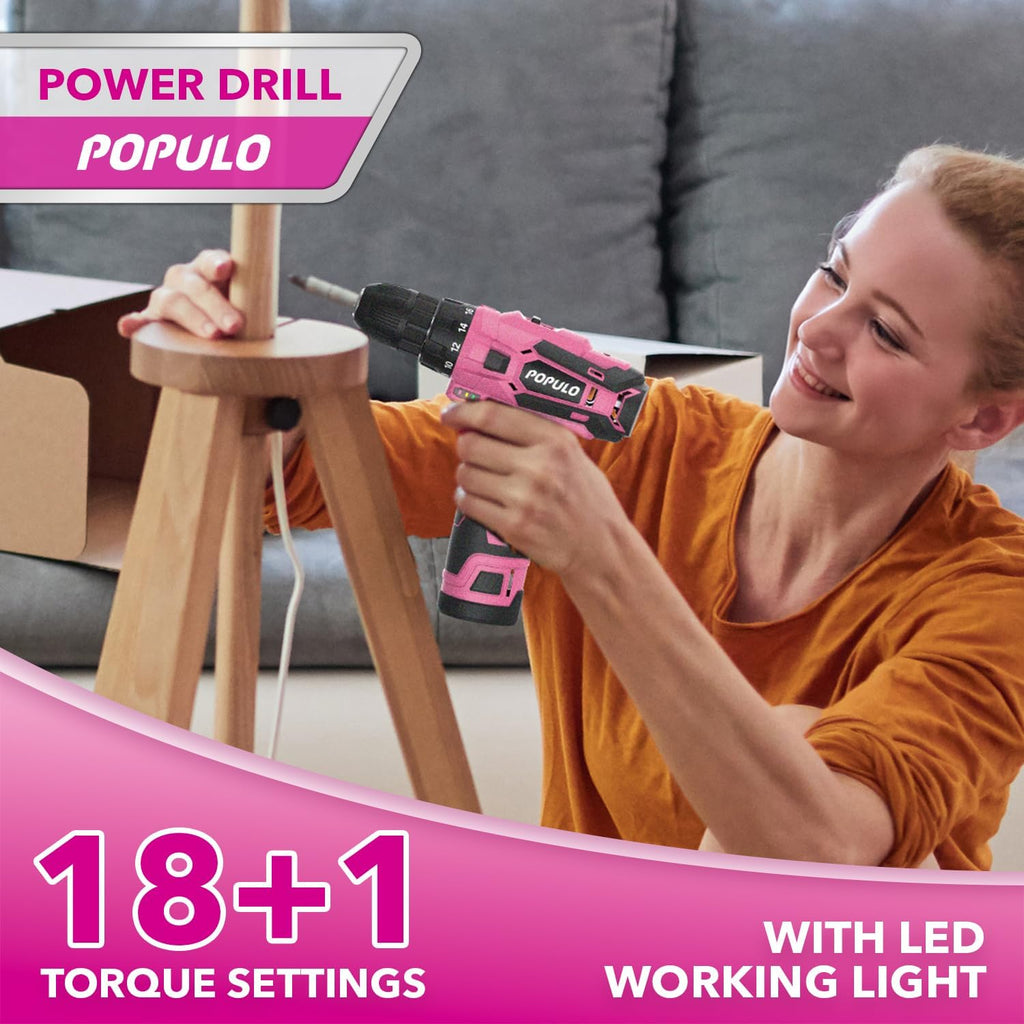 Pink Household Power Tool Combo for Women(3-Tool), 12V Lightweight Cordless Drill with Battery x2, Impact Driver and Rotary Tool Kit-Home Tool Kit for DIY, Home Improvement