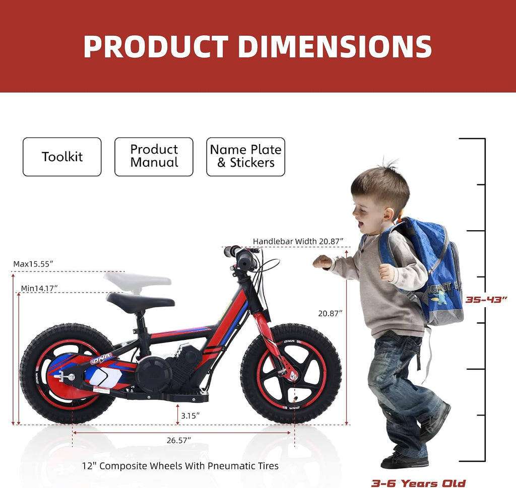 OLALA Electric Dirt Bike for Kids Aged 3-6, 170W Racing Grade Electric Motorcycle, New Aluminum Frame with 2 Power Modes, 24V Detachable Battery, 12IN Knobby Tires