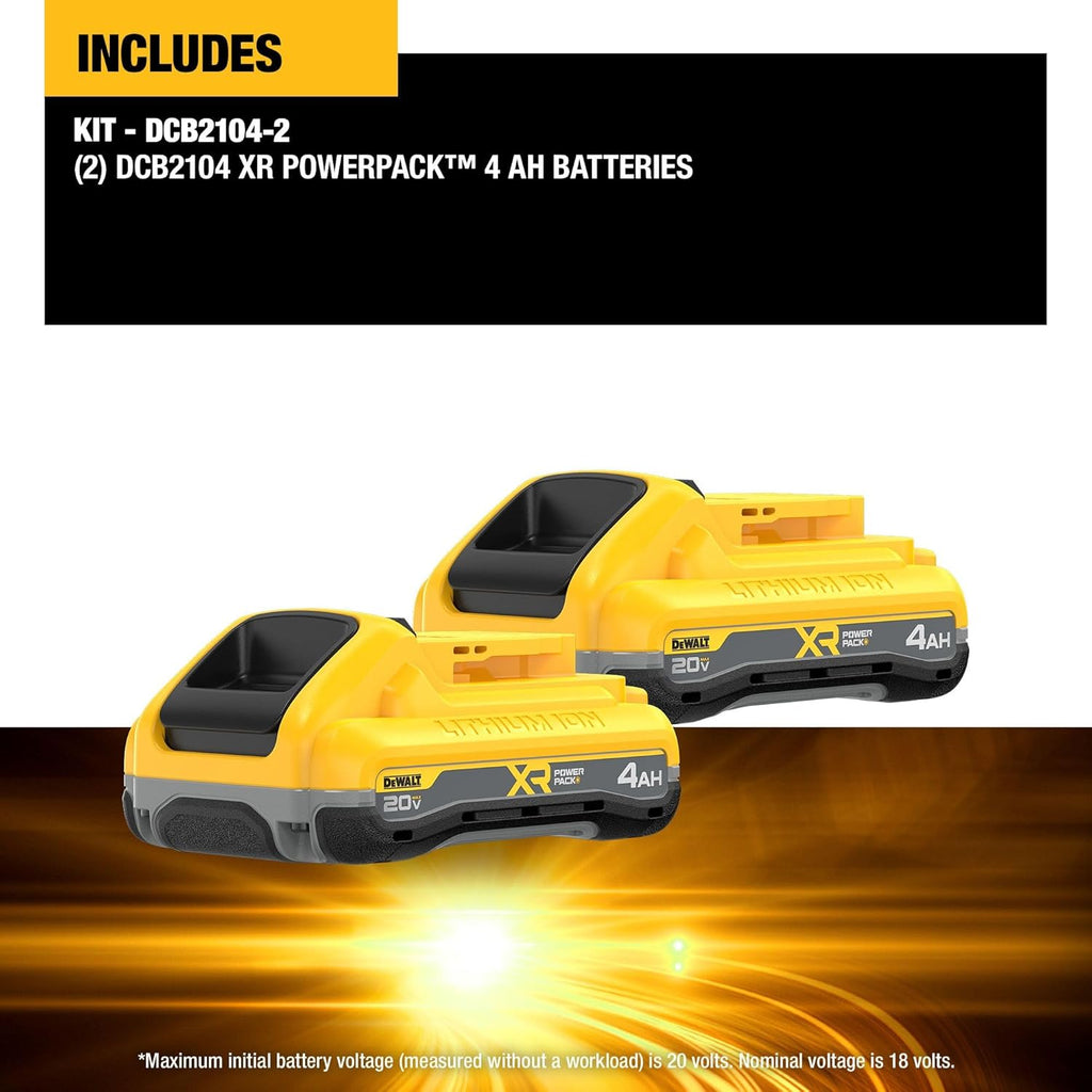 DEWALT 20V MAX Battery XR POWERPACK™ 4Ah Lithium Ion, 50% More Power, Dewalt Battery Compatible with 20V MAX Tools, 2 PK (DCB2104-2)