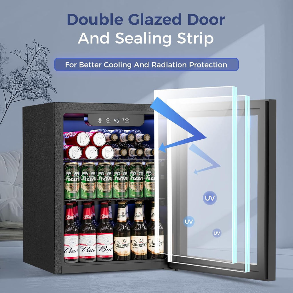 Feelfunn Beverage Refrigerator Cooler - 16 Bottle 68 Can Mini Fridge with Glass Door, Soda Wine Beer Drink Fridge - Small Refrigerator for Office Home Bedroom Dorm Bar, 1.7 Cu.Ft, Black