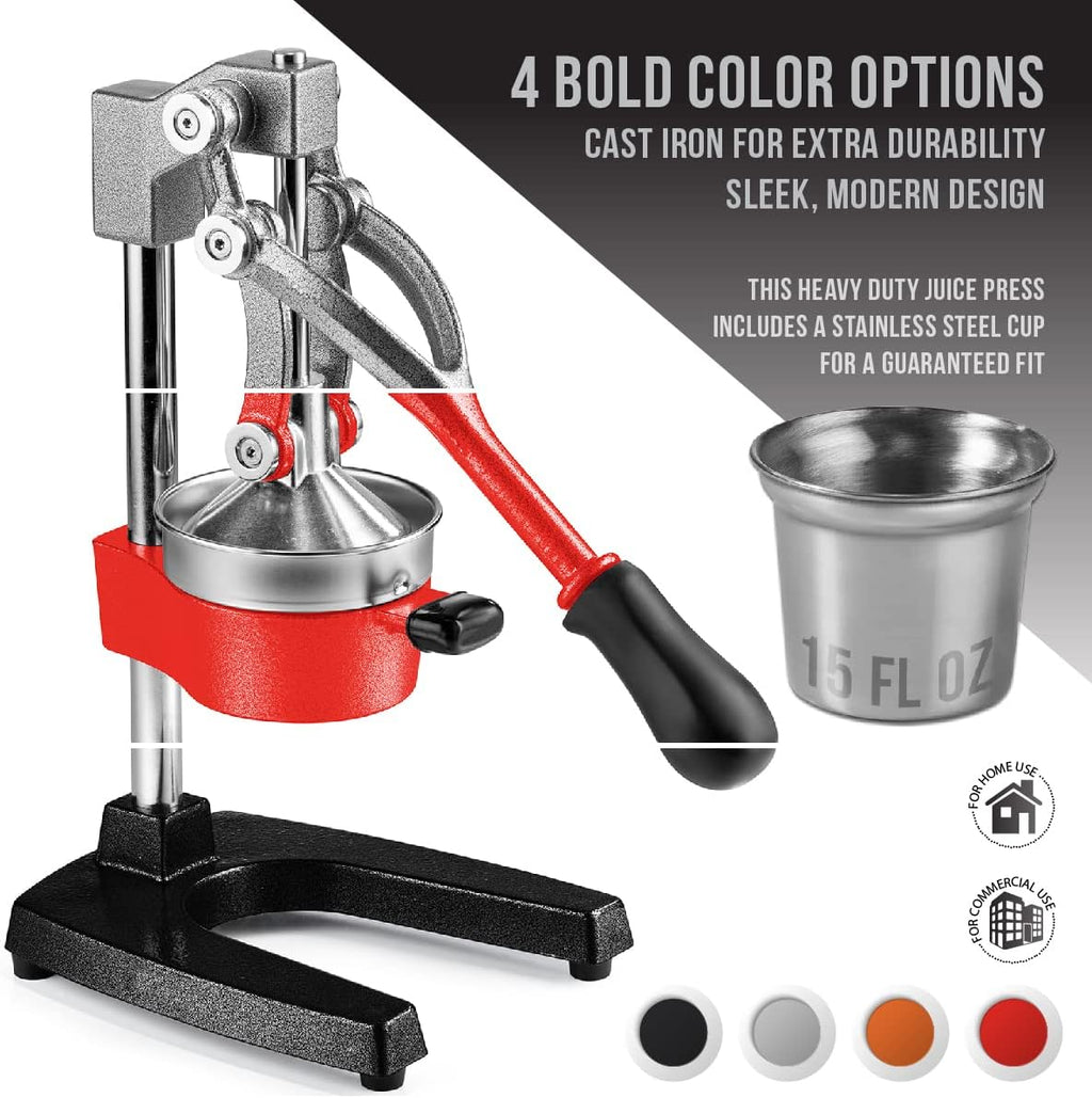 Eurolux Ultra-Premium Cast Iron Juicer | Extra-Large, Heavy Duty, Commercial Grade, Stainless Steel Manual Hand Press Citrus Squeezer For Fresh Orange Juice, Pomegranate, Lemon, and Much More (Orange)