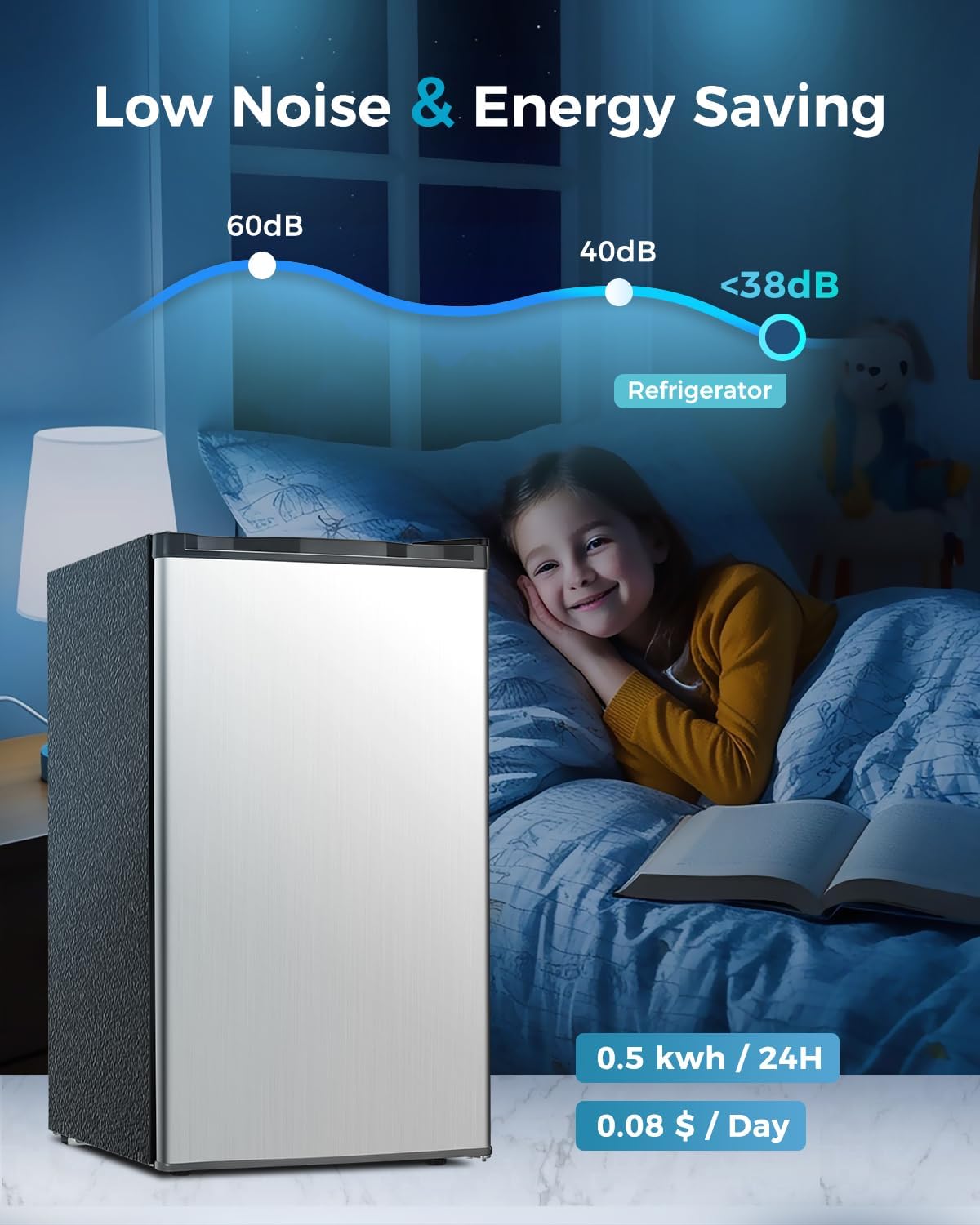 Feelfunn Mini Fridge with Freezer - 3.2 Cu.Ft Single Door Mini Refrigerator with Adjustable Thermostat, Low Noise, Energy Saving, Small Fridge for Bedroom, Apartment, Dorm, Classroom, Office - Silver