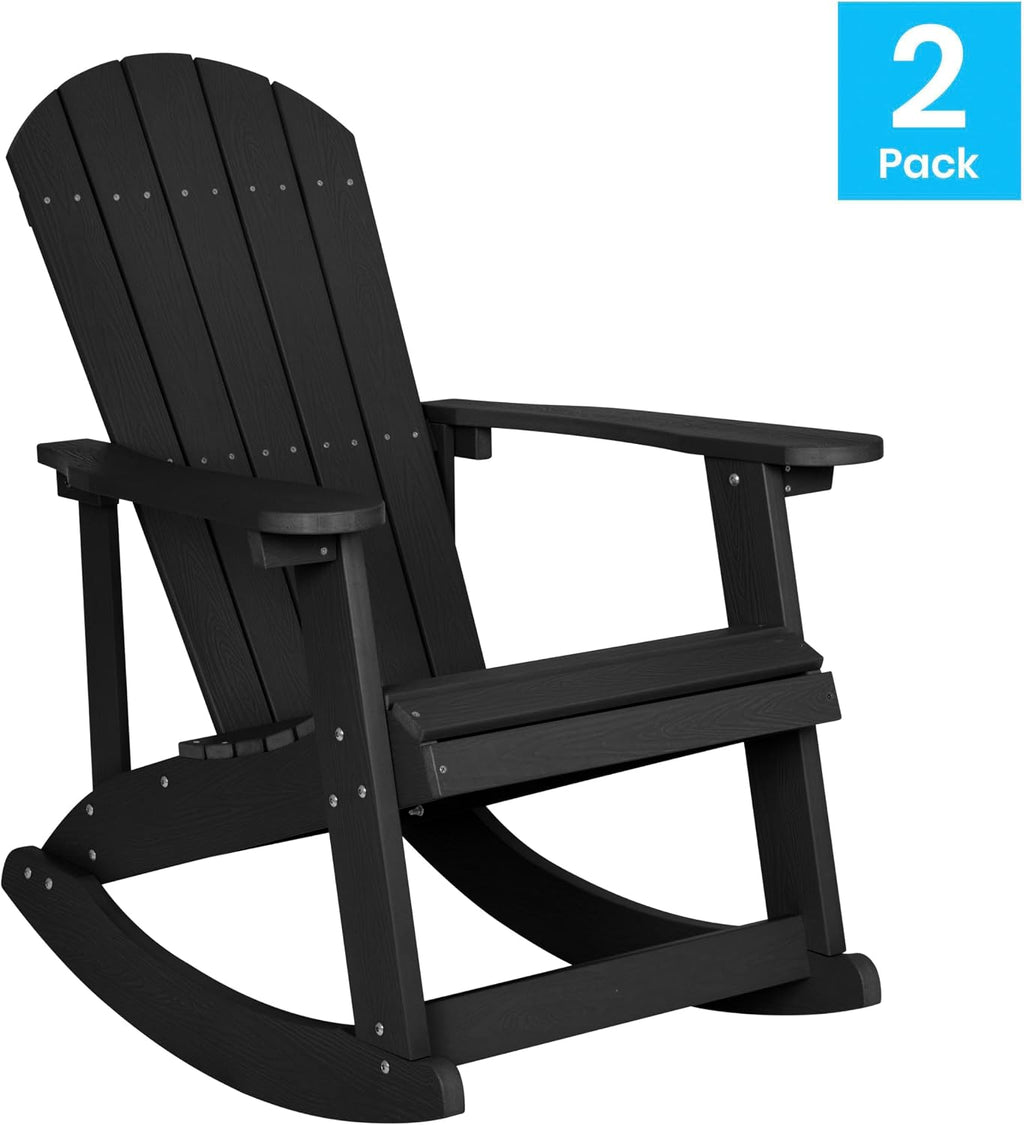 Flash Furniture Savannah Poly Resin Wood Adirondack Rocking Chair - All Weather Black Polystyrene - Stainless Steel Hardware - Set of 2