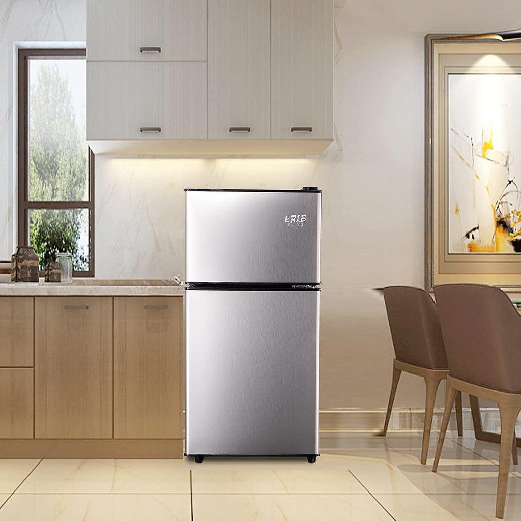 KRIB BLING 3.5 Cu.Ft Refrigerator with Freezer, 2 Doors Fridge with Adjustable Thermostat Control, Refrigerator for Kitchen, Dorm, Apartment, Garage, Office, Silver