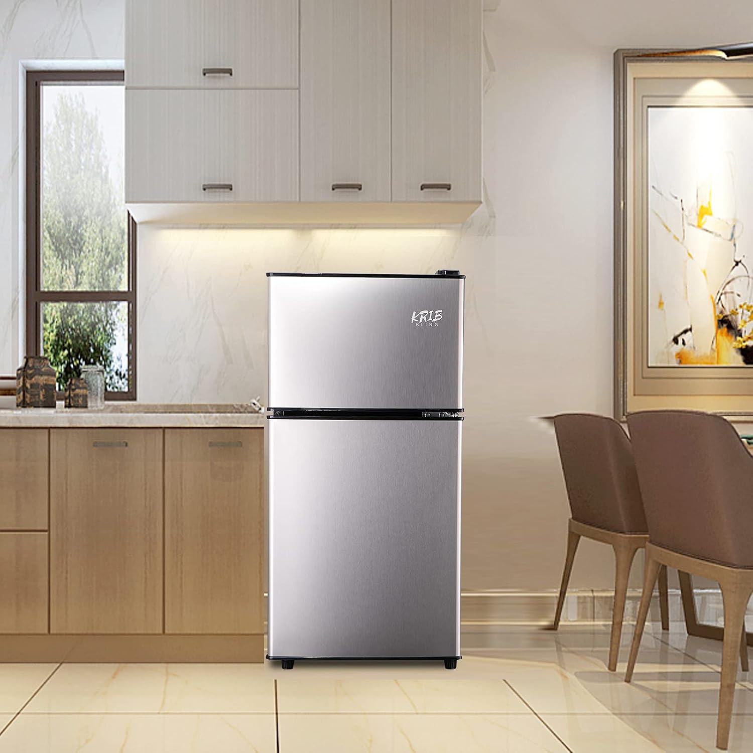 KRIB BLING 3.5 Cu.Ft Refrigerator with Freezer, 2 Doors Fridge with Adjustable Thermostat Control, Refrigerator for Kitchen, Dorm, Apartment, Garage, Office, Silver