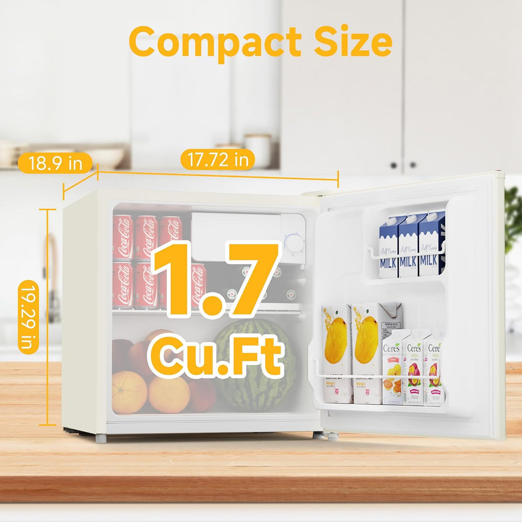 BANGSON 1.7 Cu.Ft Mini Fridge with Freezer, Compact Single Door Refrigerator - Energy Saving, Low Noise - Perfect for Office, Apartment, Dorm, Bedroom,Cream White