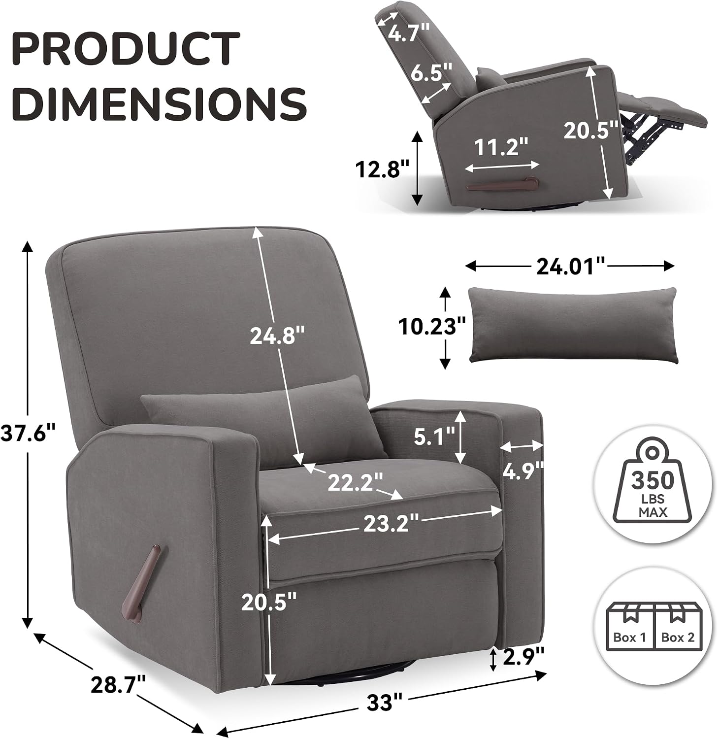 Tbfit Nursery Rocking Chair,360°Swivel Recliner Chair with Lumbar Support for Bedroom, Comfy Upholstered Armchair with Pillows & Footrest for Living Room & Baby Room