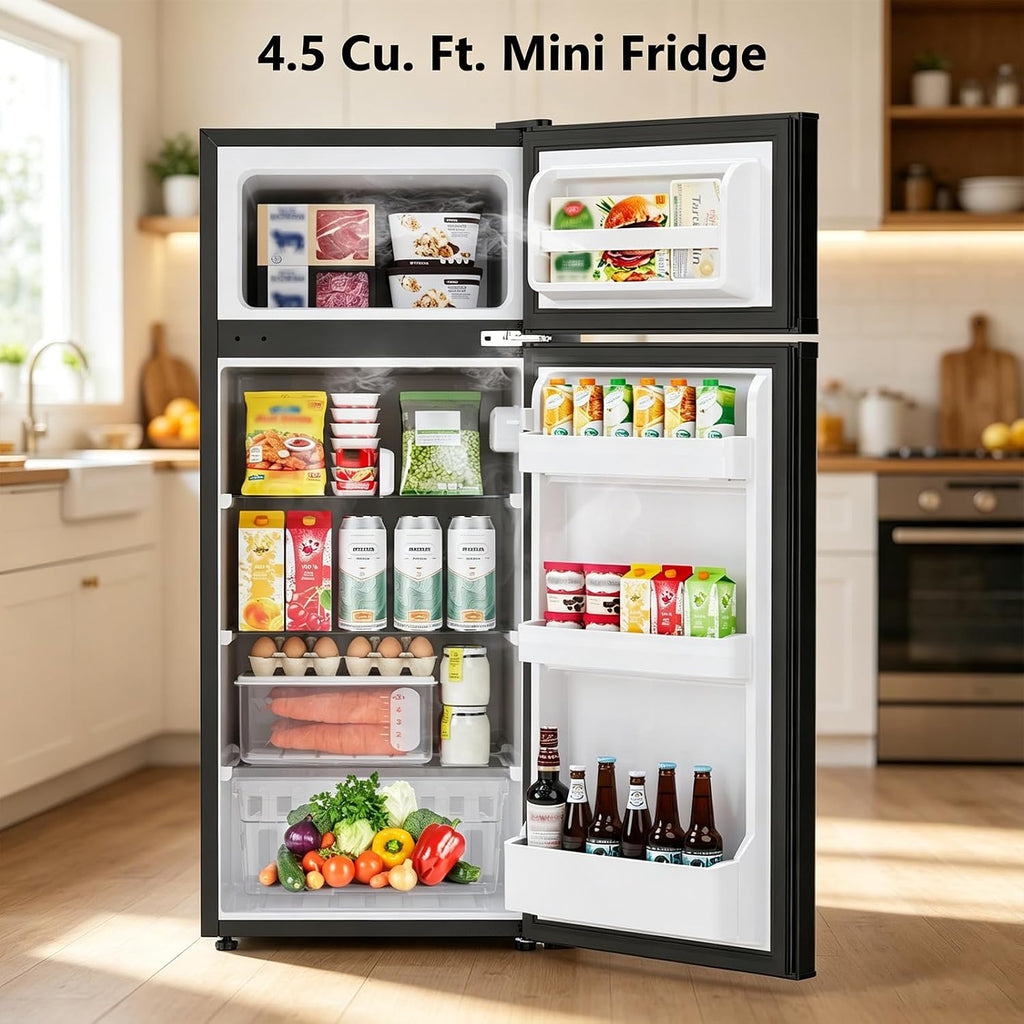 4.5 Cu.Ft Mini Fridge with Freezer, 2 Door Compact Refrigerator, Small Fridge with Adjustable Thermostat Energy Ultra Quiet, Mini Fridge Removable Glass Shelves for Bedroom Office Dorm-Satin Black