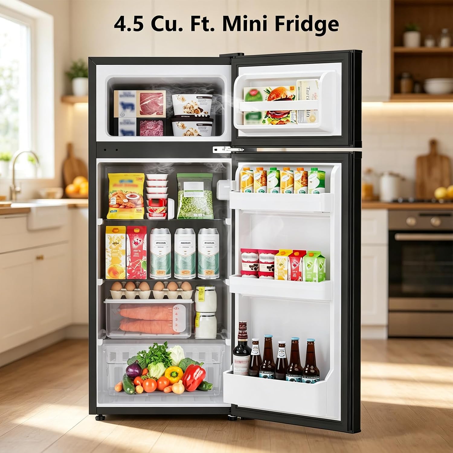 4.5 Cu.Ft Mini Fridge with Freezer, 2 Door Compact Refrigerator, Small Fridge with Adjustable Thermostat Energy Ultra Quiet, Mini Fridge Removable Glass Shelves for Bedroom Office Dorm-Satin Black