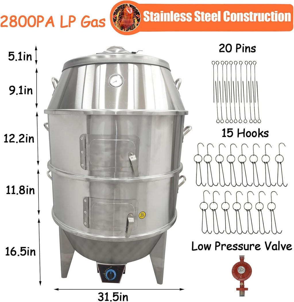 Commercial Roast Duck Oven, 2800PA LP Gas Duck Roaster, 31.5x31.5x55in Stainless Steel Grill with Reducing Valve, Hooks & Pins, for Beijing Duck, BBQ, Commercial Barbecue