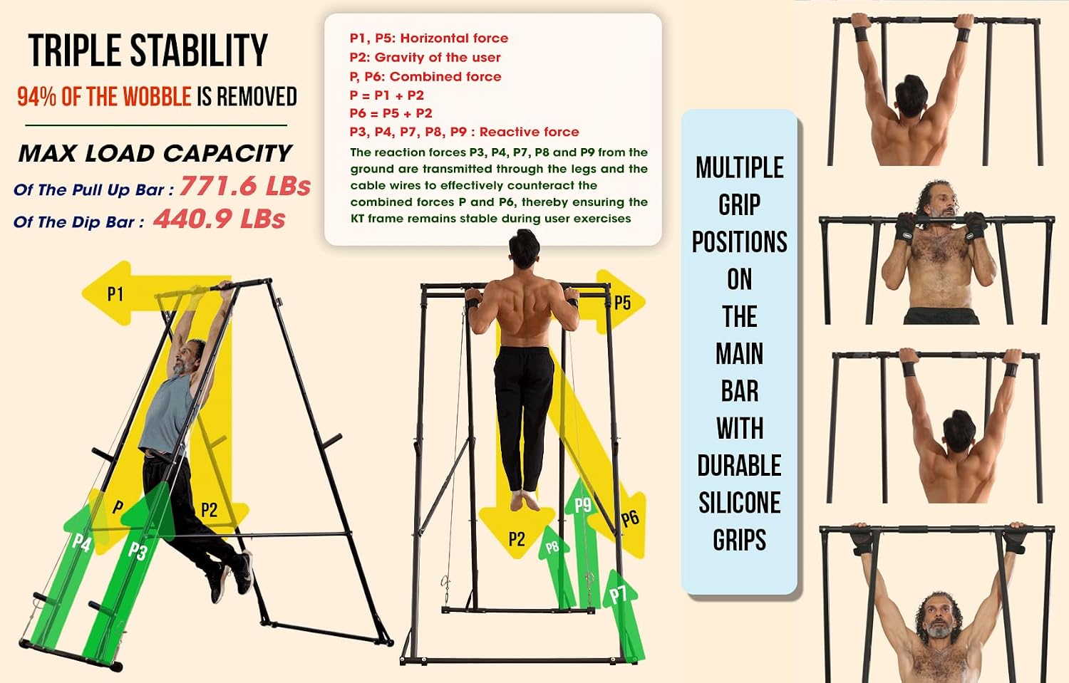 KT Rust-resistant Tall Pull Up Dip Station Squat Rack Foldable Power Tower Stable Multifunctional Exercise Machine Durable Home Gym Strength Training Fitness Equipment Portable Indoor Outdoor Free Standing